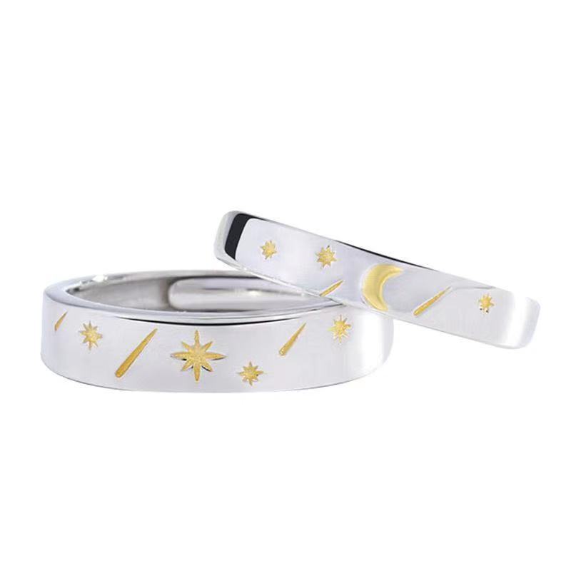 Moon Star S925 Silver Simple Student Men And Women Couple Rings Opening Adjustable