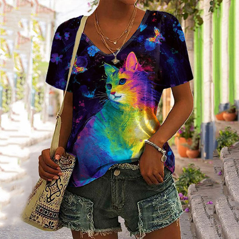 Fashionable 3D Printed Loose Short-sleeved Top For Women
