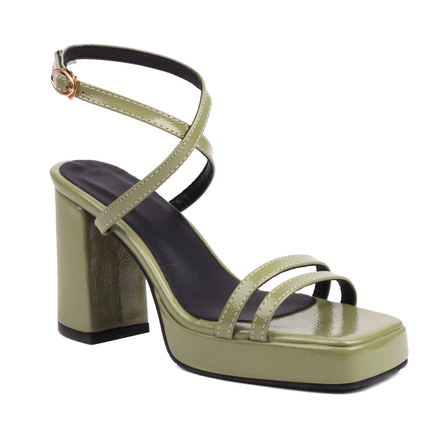 Summer Square Toe Thin Strap Buckle Wide Strap High Heels