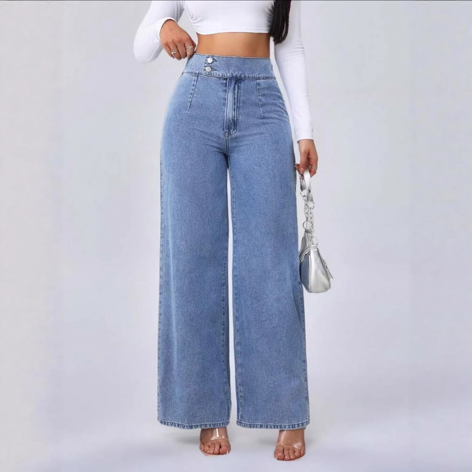 Versatile Straight-leg Loose-fit High-waisted Womens Solid-color Jeans With Double Buttons