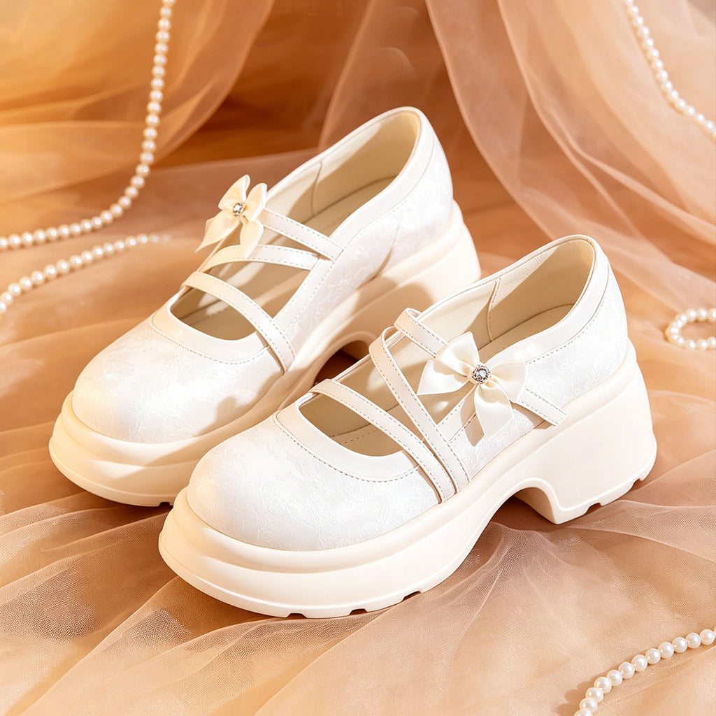 Sweet Bow Platform Mary Jane Shoes, Ivory Chunky Sole Pumps For Daily Wear