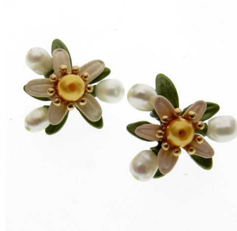 Orange Blossom Leaf Freshwater Yellow Pearl Green Lacquered Women's Retro Earrings