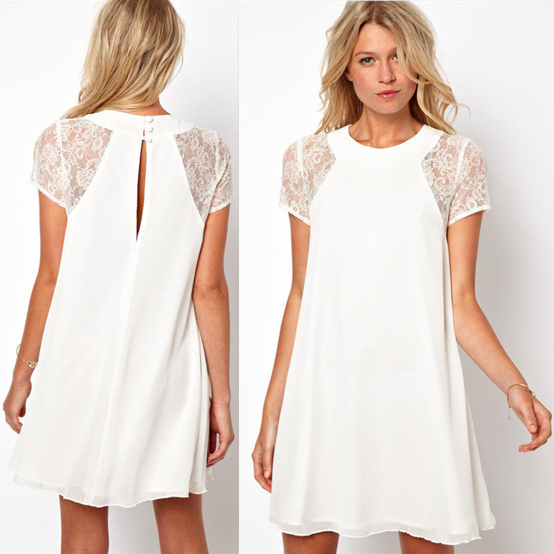 622 Summer European And American Sleeves Lace Stitching Snow White Elegant Back Slit Dress