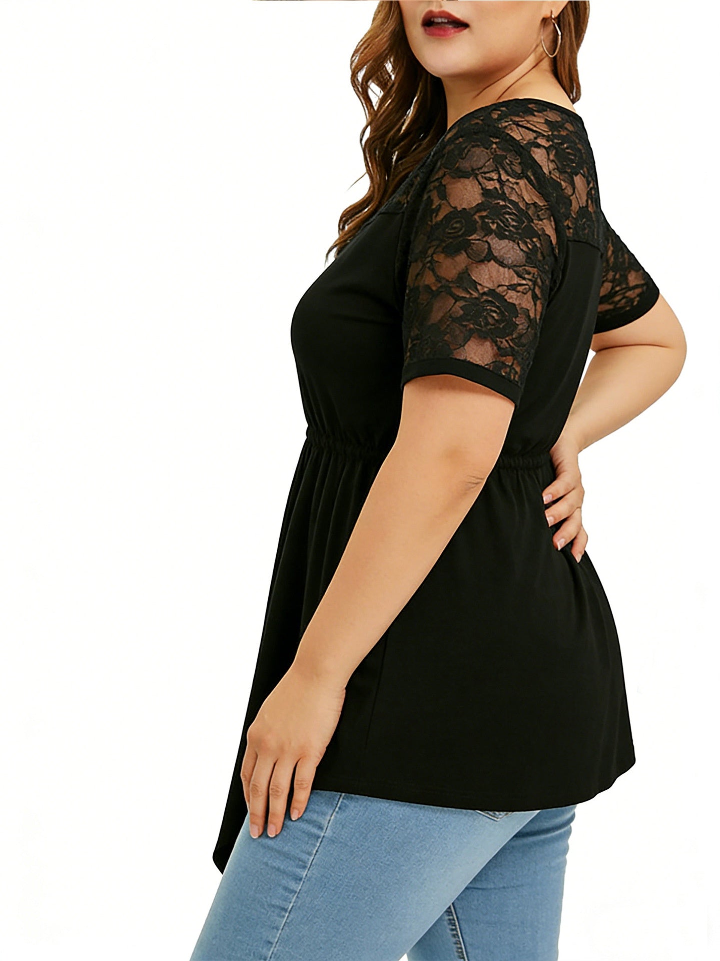 Lace Short-sleeve Top With Elastic Hem, Sheer Fabric, And A Round Neckline
