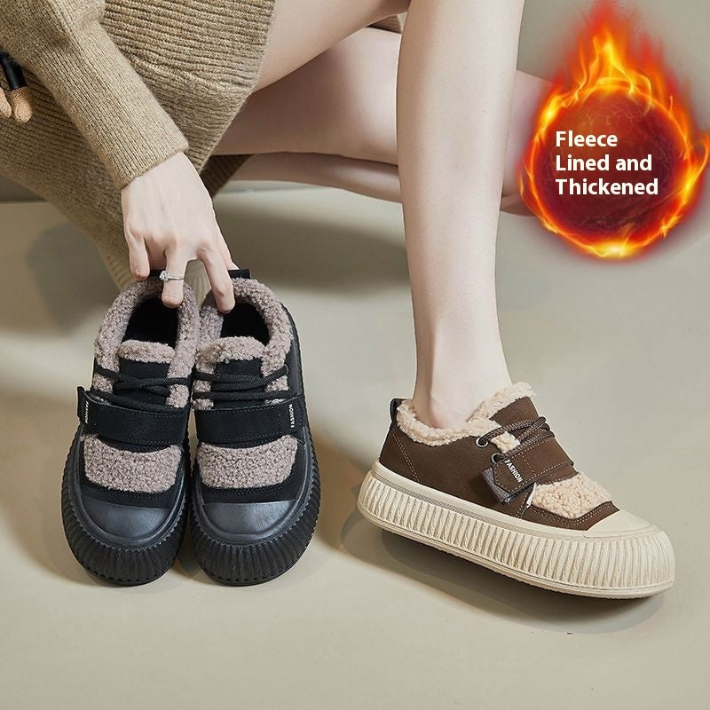Fleece-lined Sneakers Women's Thick Bottom Non-slip Warm Cotton Shoes