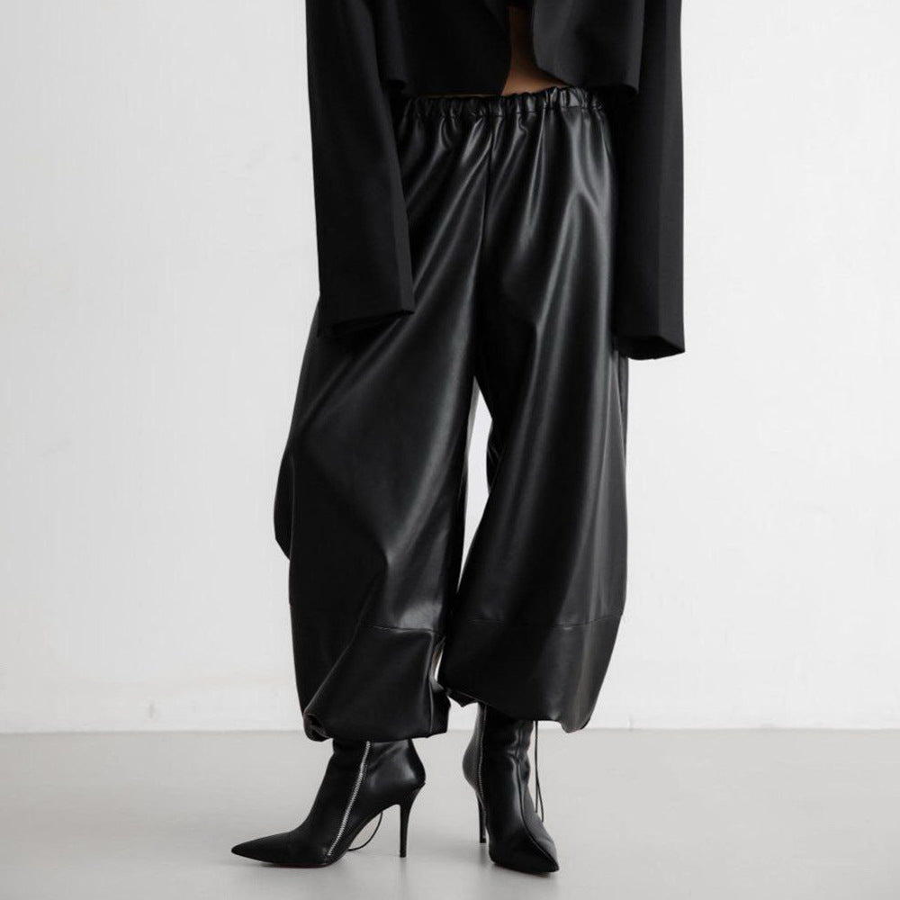 Drawstring Ankle-tied Bloomers Loose Leather Pants PU Leather Trousers