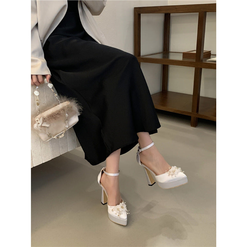 Women's Chunky Heel Waterproof Platform Silk High Heels