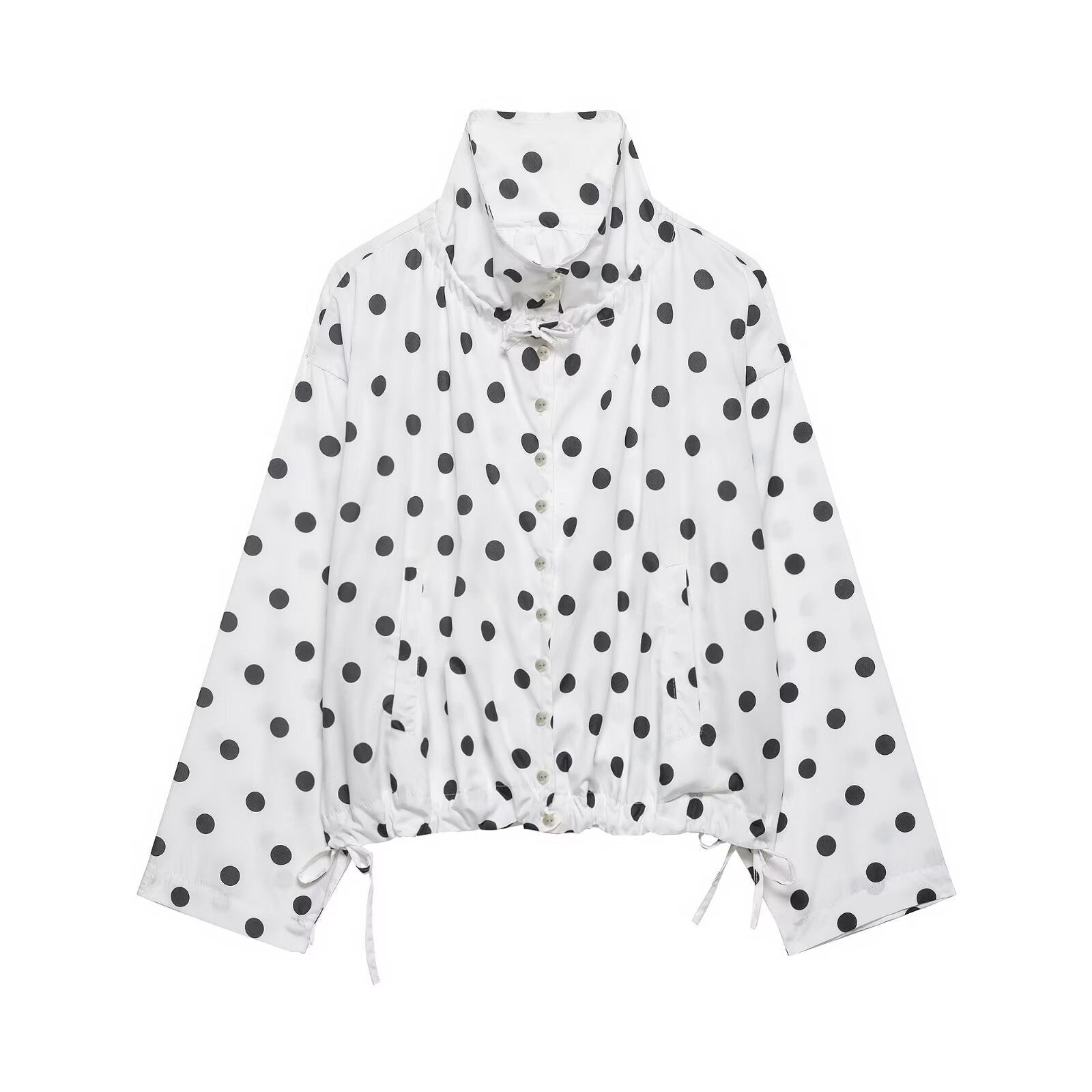 Single-breasted Stand Collar Bow-Tied Polka Dot Coat For Women