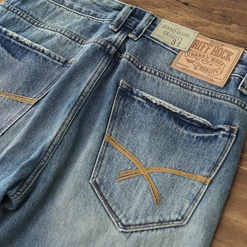 Jeans Men's Distressed Heavy Weight Vintage Trendy Casual Light Color Trousers