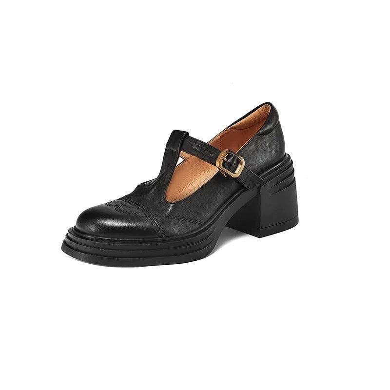 Soft Leather Shoes Female Chunky Heel Platform Mary Jane Shoes