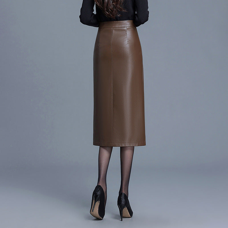 Autumn and winter PU hip hugging half body leather skirt for women