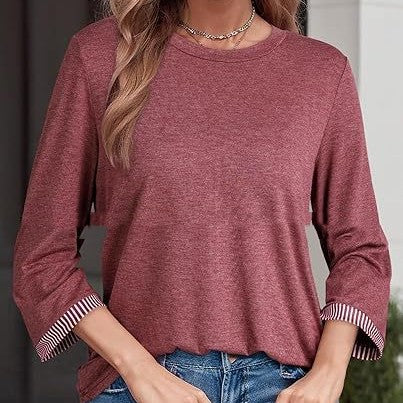 Fashionable Three-Quarter Sleeve Contrast-Piece Panel T-Shirt