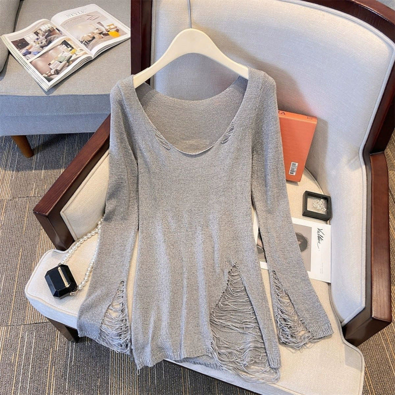 Loose, Casual-style Ripped And Cutout Long-sleeve Top