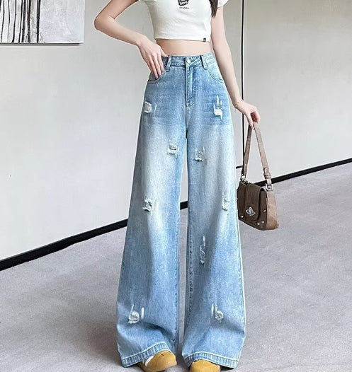 Womens Trendy Loose-fit Ripped Wide-leg Jeans