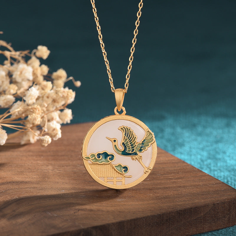 Color-preserving Gold-plated Hetian Jade Peace Buckle Retro Collarbone Necklace Female Niche