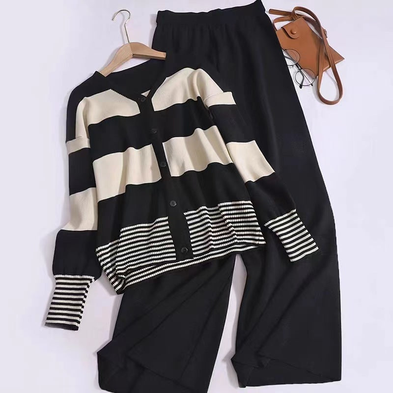 Korean Style Western Style Youthful-looking Striped V-neck Knitted Cardigan Wide Leg Pants Fashion Two-piece Suit