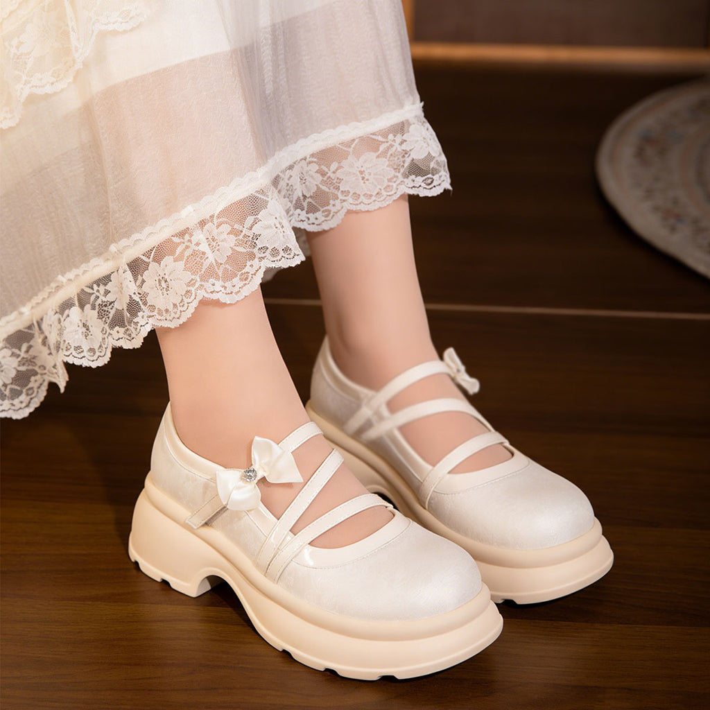 Sweet Bow Platform Mary Jane Shoes, Ivory Chunky Sole Pumps For Daily Wear