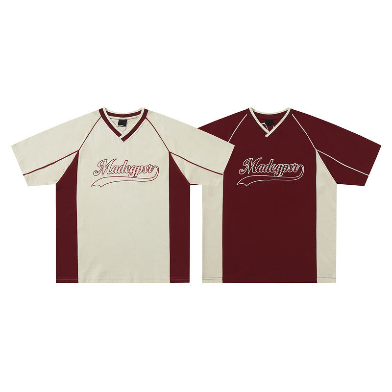 Short-sleeved Men's Summer Color Contrast Patchwork Loose T-shirt Couple Letters Top