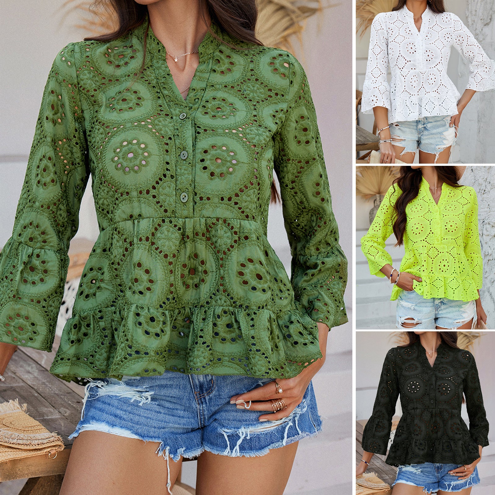 Casual Resort-Style Solid-Colored Hollow-Out V-Neck Three-Quarter-Sleeve Shirt