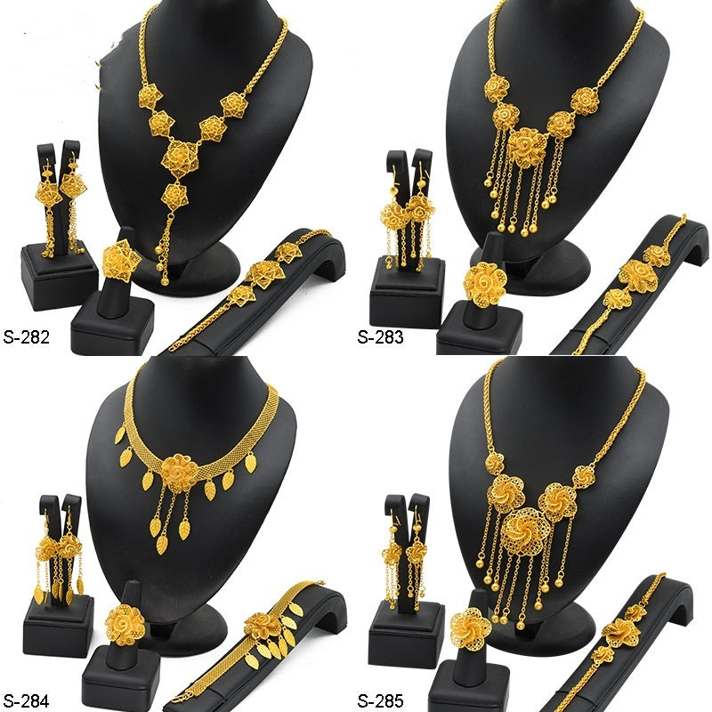 Lady's Flower Necklace Earring Ring Bracelet Copper-plated Gold Jewelry Suit