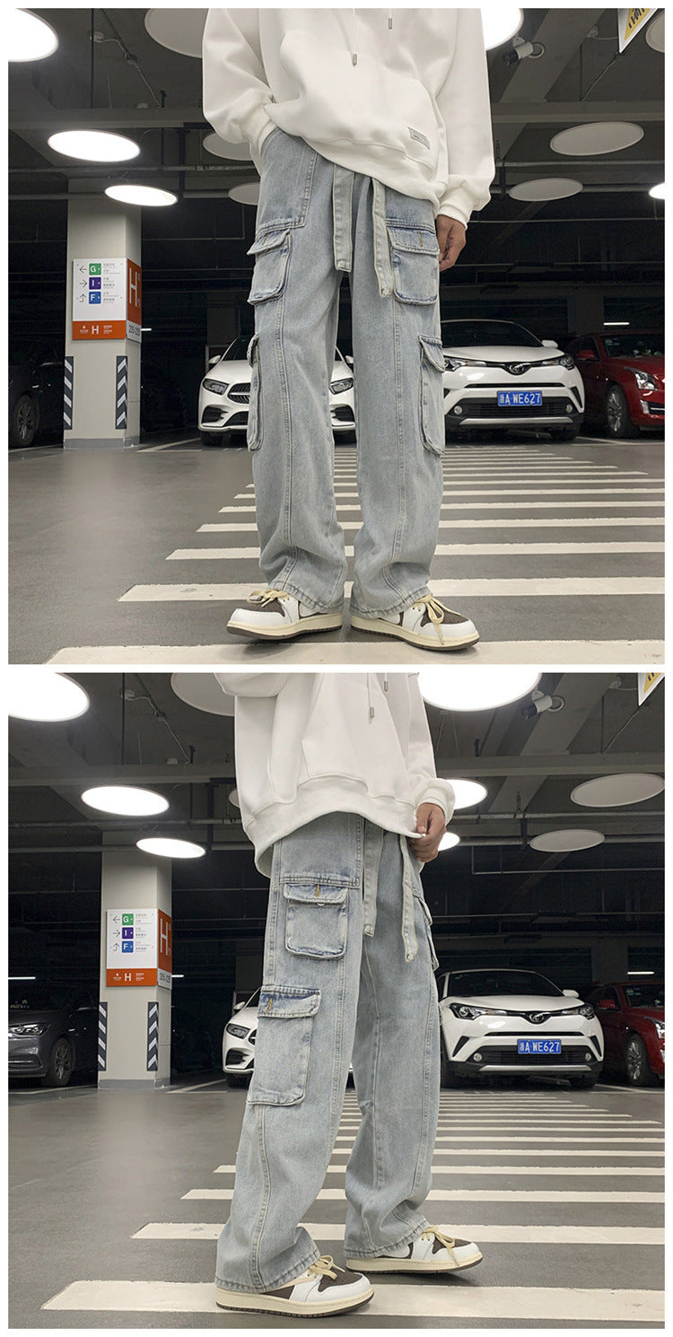 Multi-Pocket Workwear Jeans Men's Wide-leg Draggle-tail Trousers