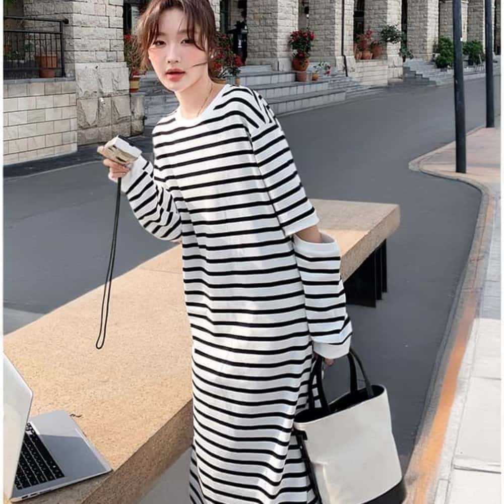 Women's Plus Size Black And White Hooded Knitted Long Dress Casual Striped Dress Sweater
