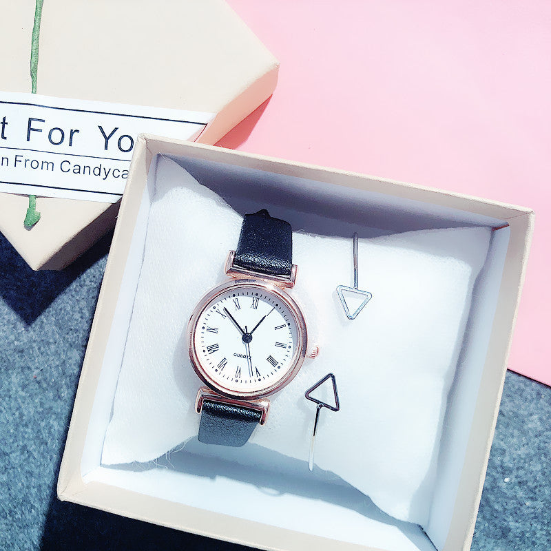 Simple small dial belt quartz watch + triangle bracelet