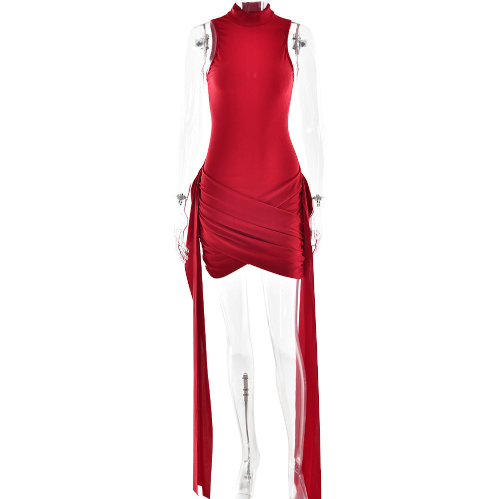 Women's Sexy Sleeveless Bodycon Mini Dress With Side Slit & Tie Detail - Stretchy Clubwear Party Dress