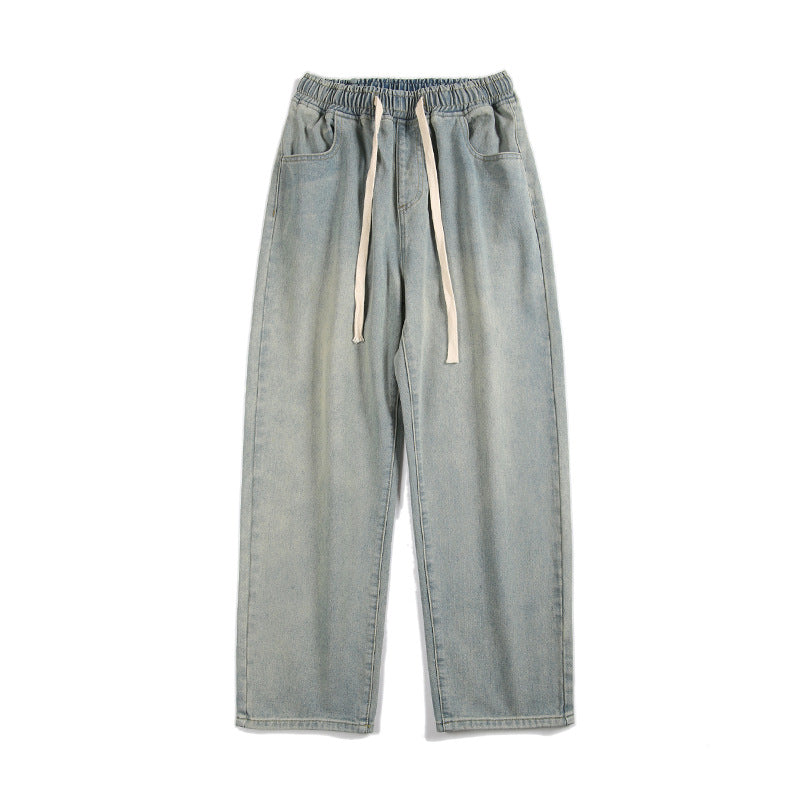 Yellow Mud Dyed Worn Looking Washed-out Retro Elastic Waist Jeans