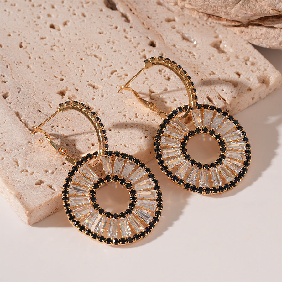 Silver Needle Black Rhimestone Flower Geometric Tassel Stud Earrings