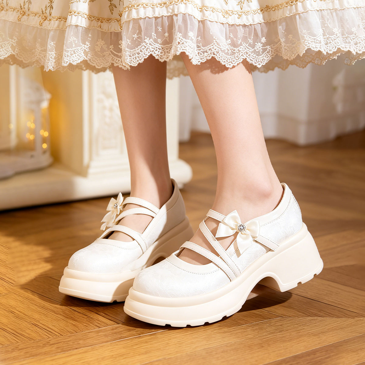 Sweet Bow Platform Mary Jane Shoes, Ivory Chunky Sole Pumps For Daily Wear