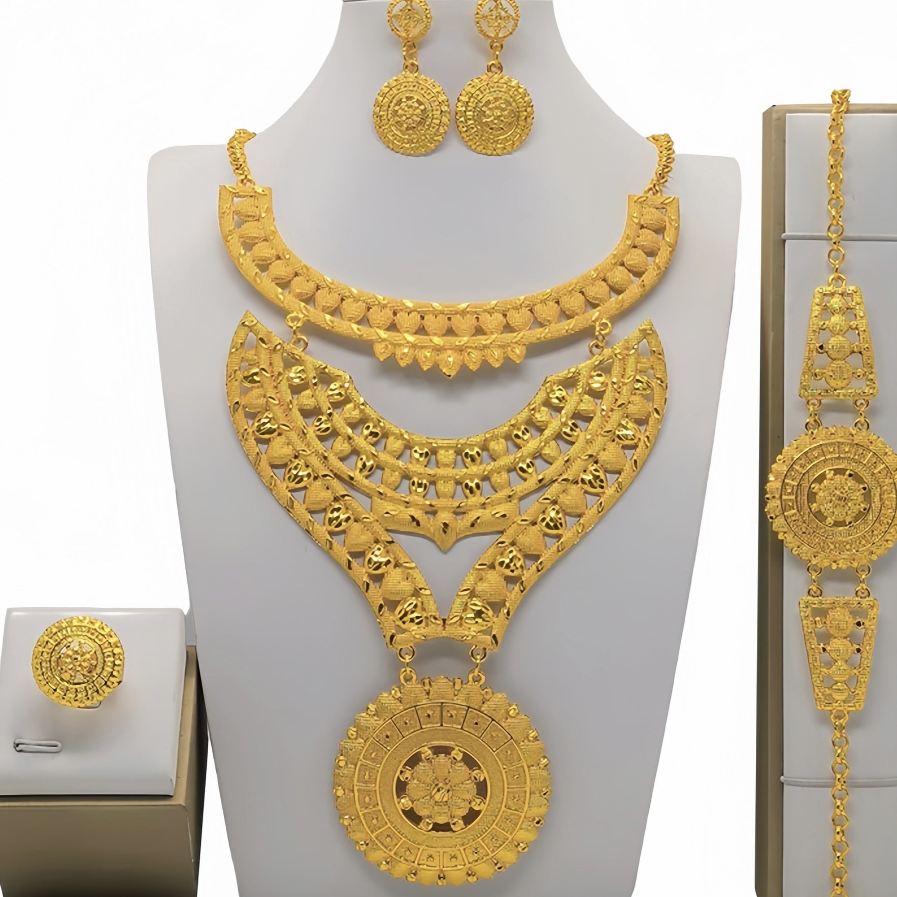 Gold Jewelry Suit Arabic Bridal Wedding Necklace Bracelet Earrings Ring