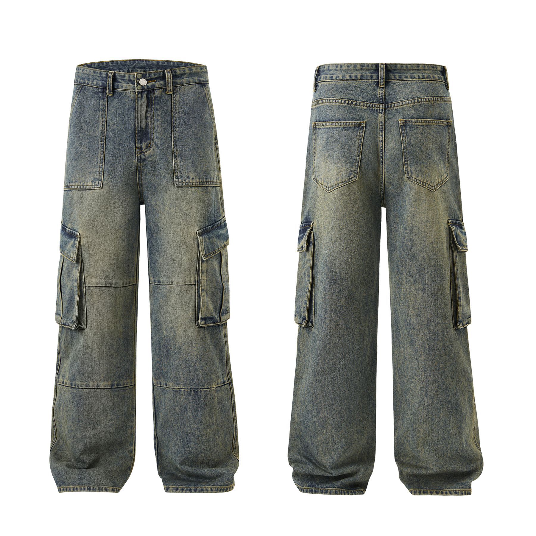 Mens American-style High-street Vintage Multi-pocket Jeans