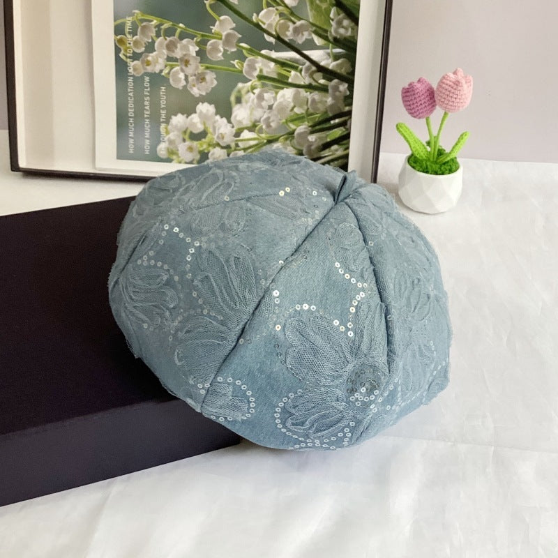 Mesh Sequins SUNFLOWER Decorative Washed Denim Octagonal Beret