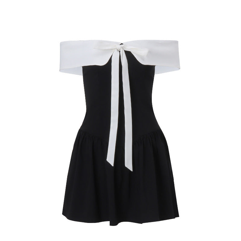 Off-shoulder Bow Lace-up Waist Trimming Short-sleeved Dress