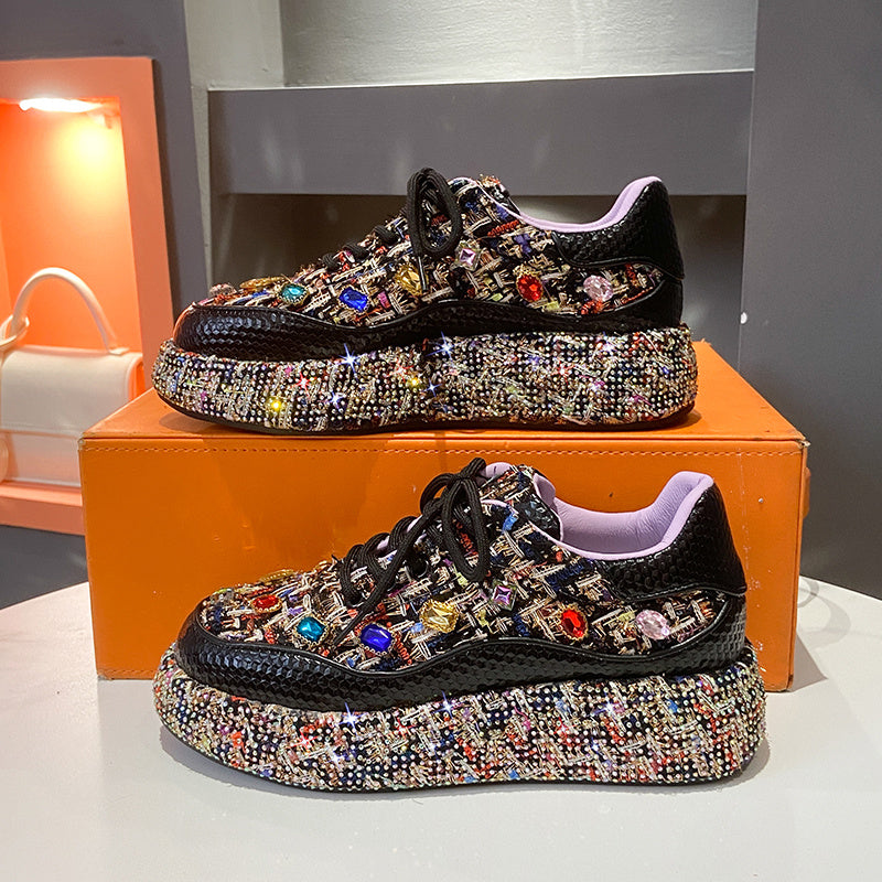 Women's Fashion Platform Loafers, Colorful Tweed Slip-on Shoes With Gemstones, Casual And Comfortable Flat Shoes