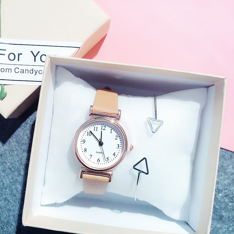 Simple small dial belt quartz watch + triangle bracelet