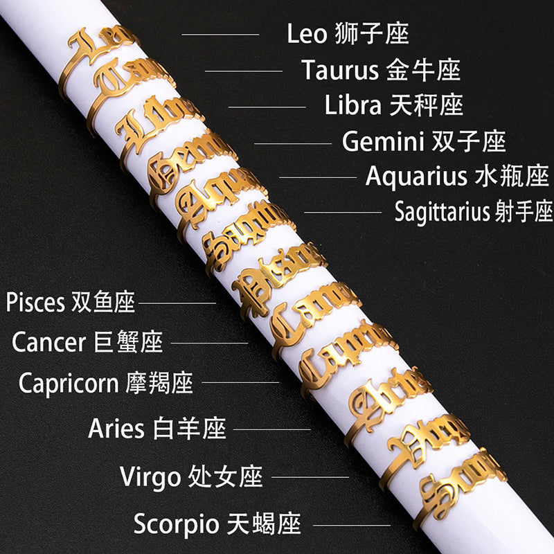 12 Constellation Horoscope Letter Stainless Steel Rings For Women