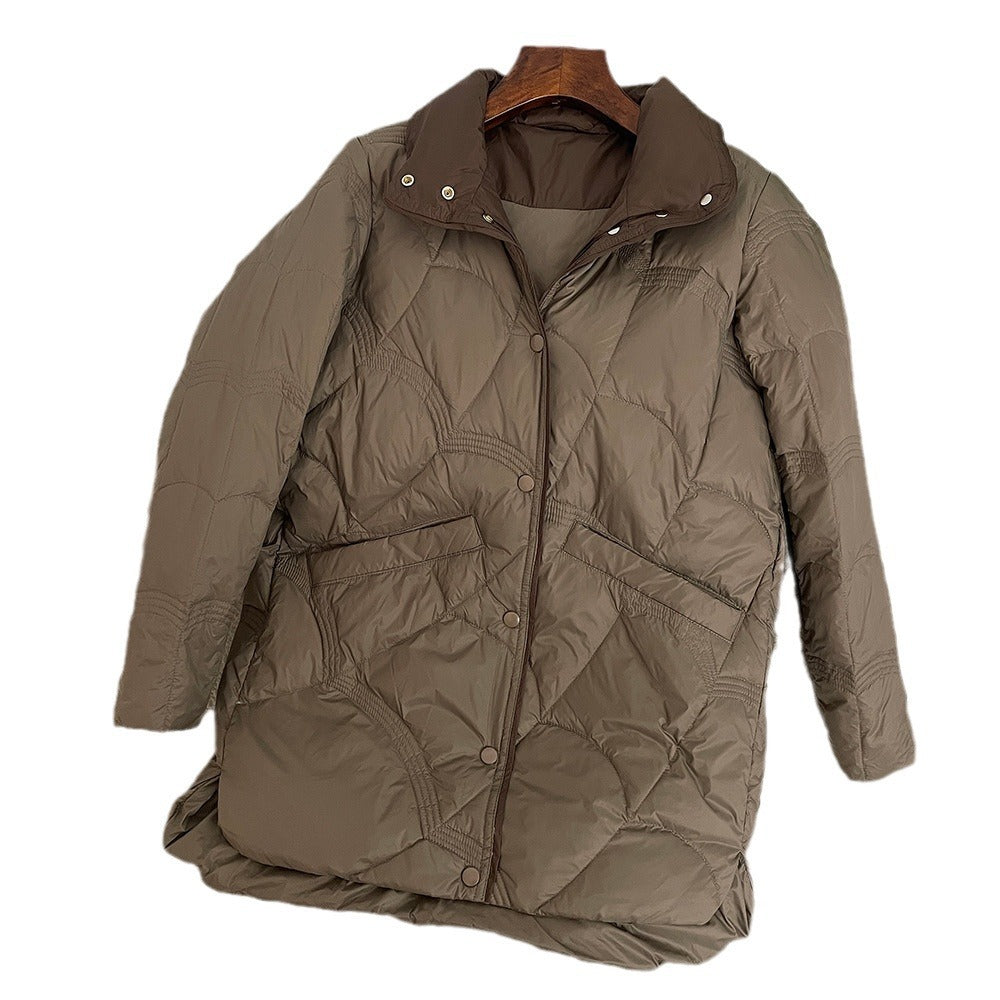 Women's Mid-length White Duck Down Retro Loose Xiangyun Stand Collar Coat