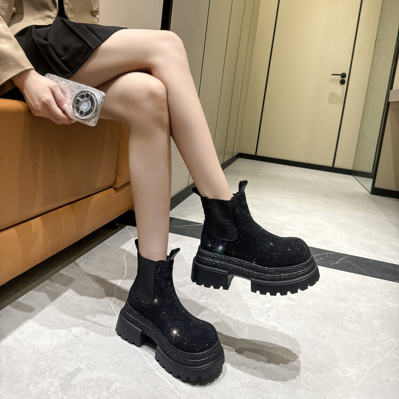 Vintage Style Chunky Heel Leather Boots For Women, Fashion Mid-Calf Boots With Buckle Accents For Comfort And Style