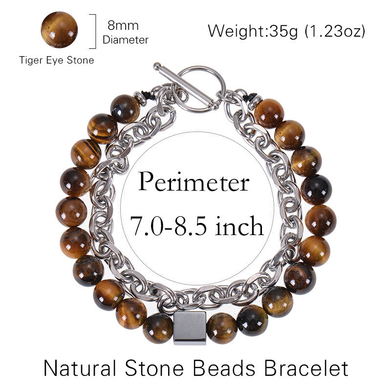 Stainless Steel Double Layer 8mm Tiger-Eye Bracelet Men