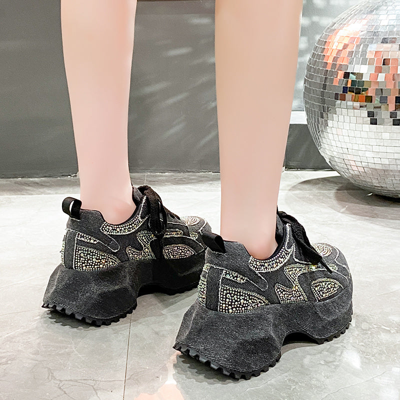 Sparkling Denim Sneakers For Women, Blue White Gradient High Top Platform Shoes With Rhinestones, Unique Fashion Thick Sole Design For Comfort
