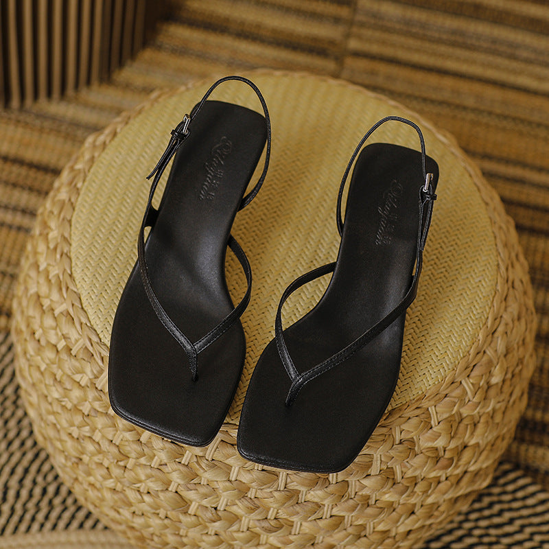 Soft Leather Square Toe High Heel Sandals For Women Summer