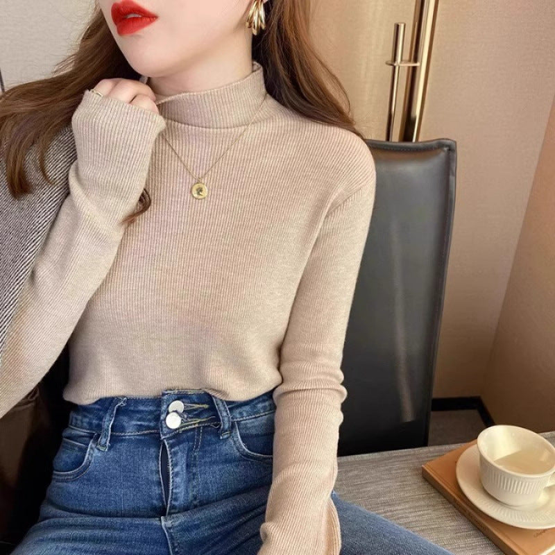 White Stand Collar Half Turtleneck Long-sleeve Knitted Undershirt