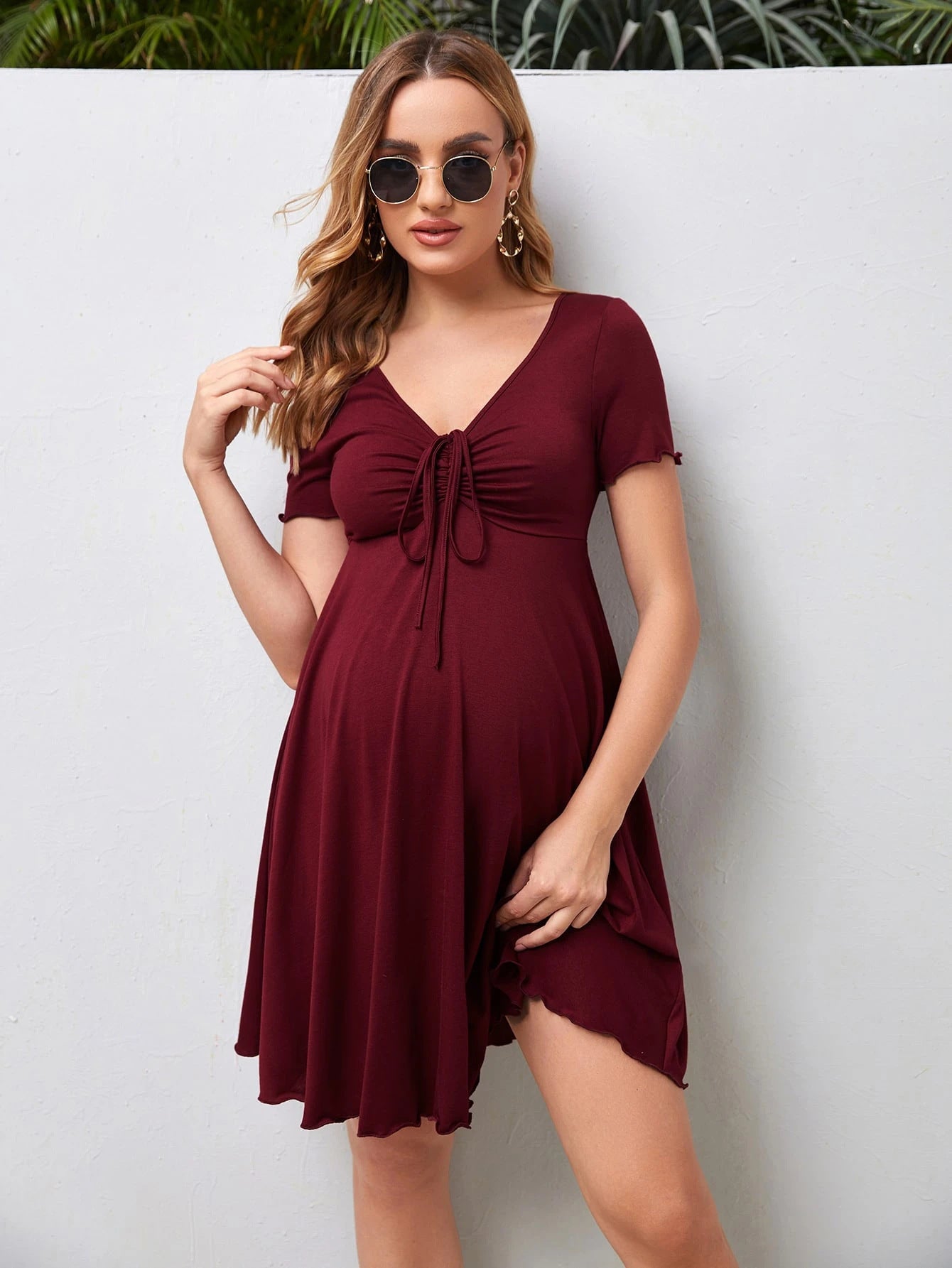 V-neck Short-sleeved Dress With Drawstring At Chest