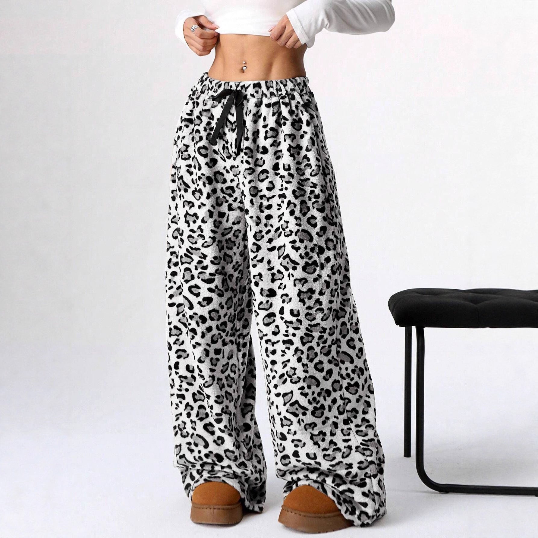 New Casual Leopard Print Lace-up Wide-leg Pants