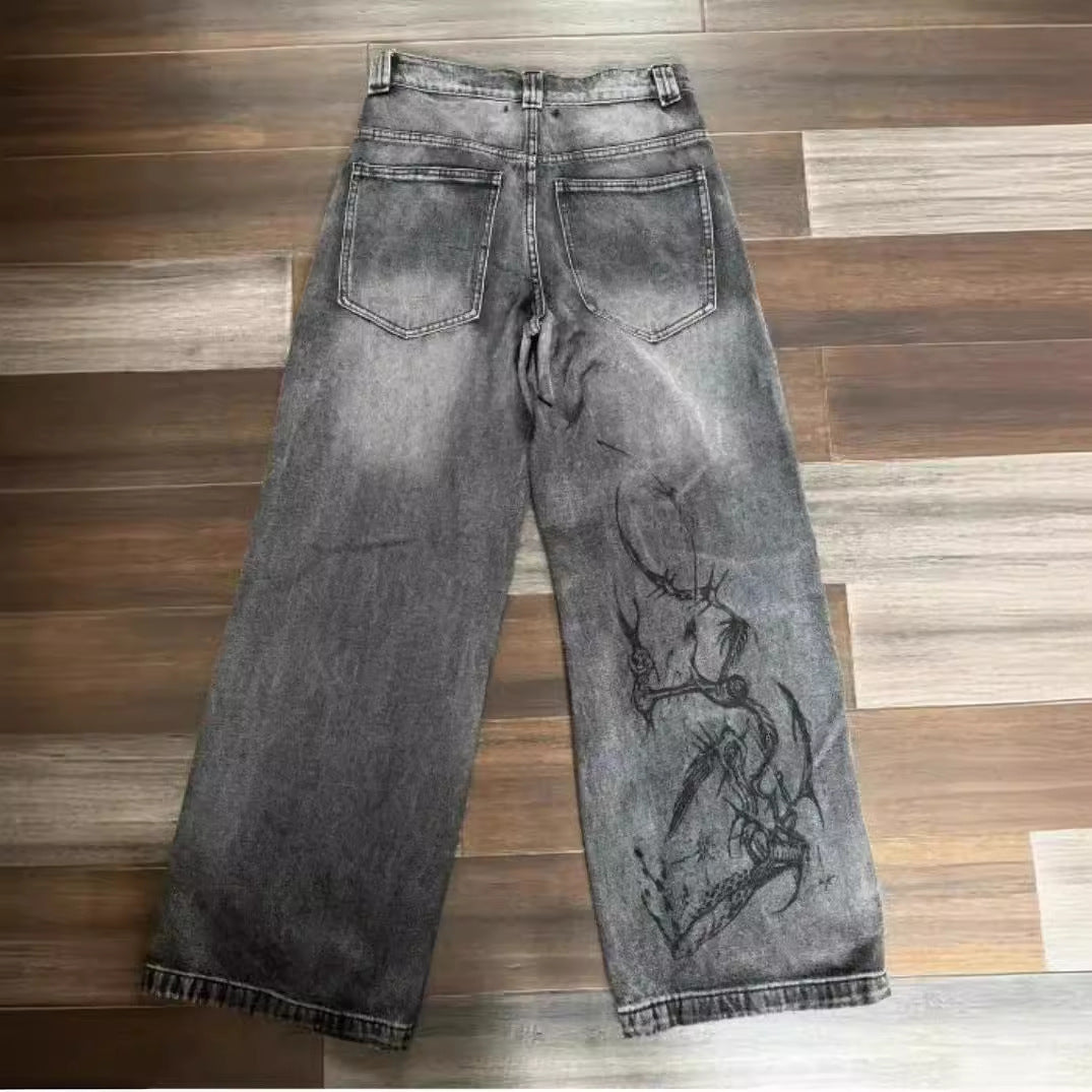 Retro Worn Looking Washed-out Hip Hop Loose Wide Leg Jeans Trendy Cool Jeans
