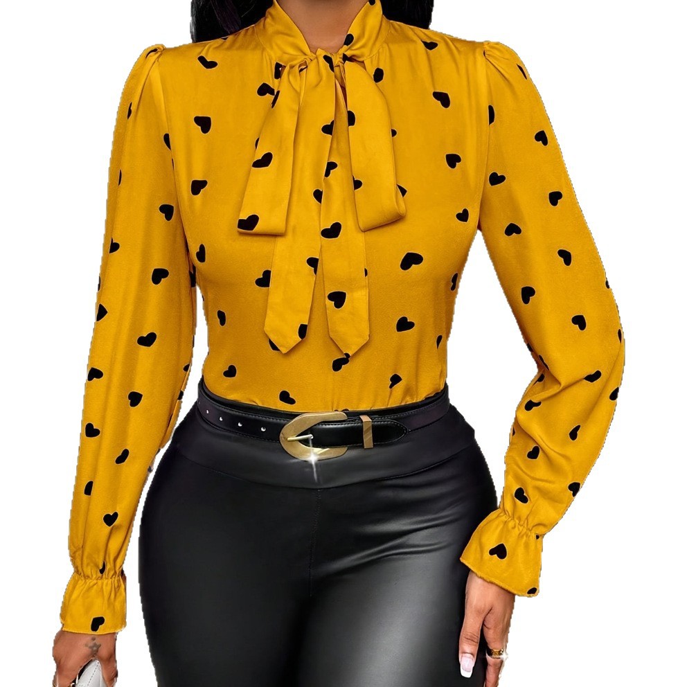 Printed Collared Ruffle-Trimmed Long-Sleeve Womens Shirt