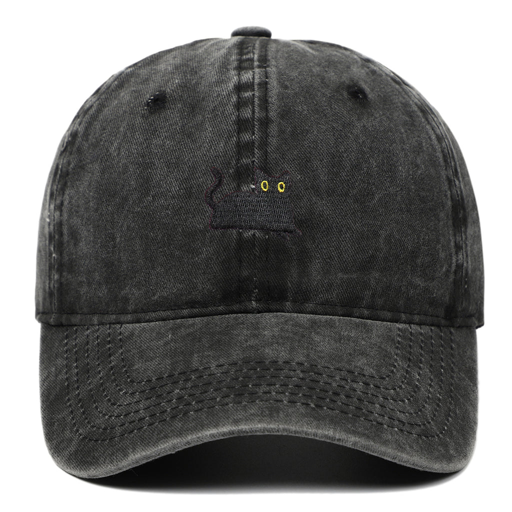Black Cat Embroidered Washed Baseball Cap Sun Hat
