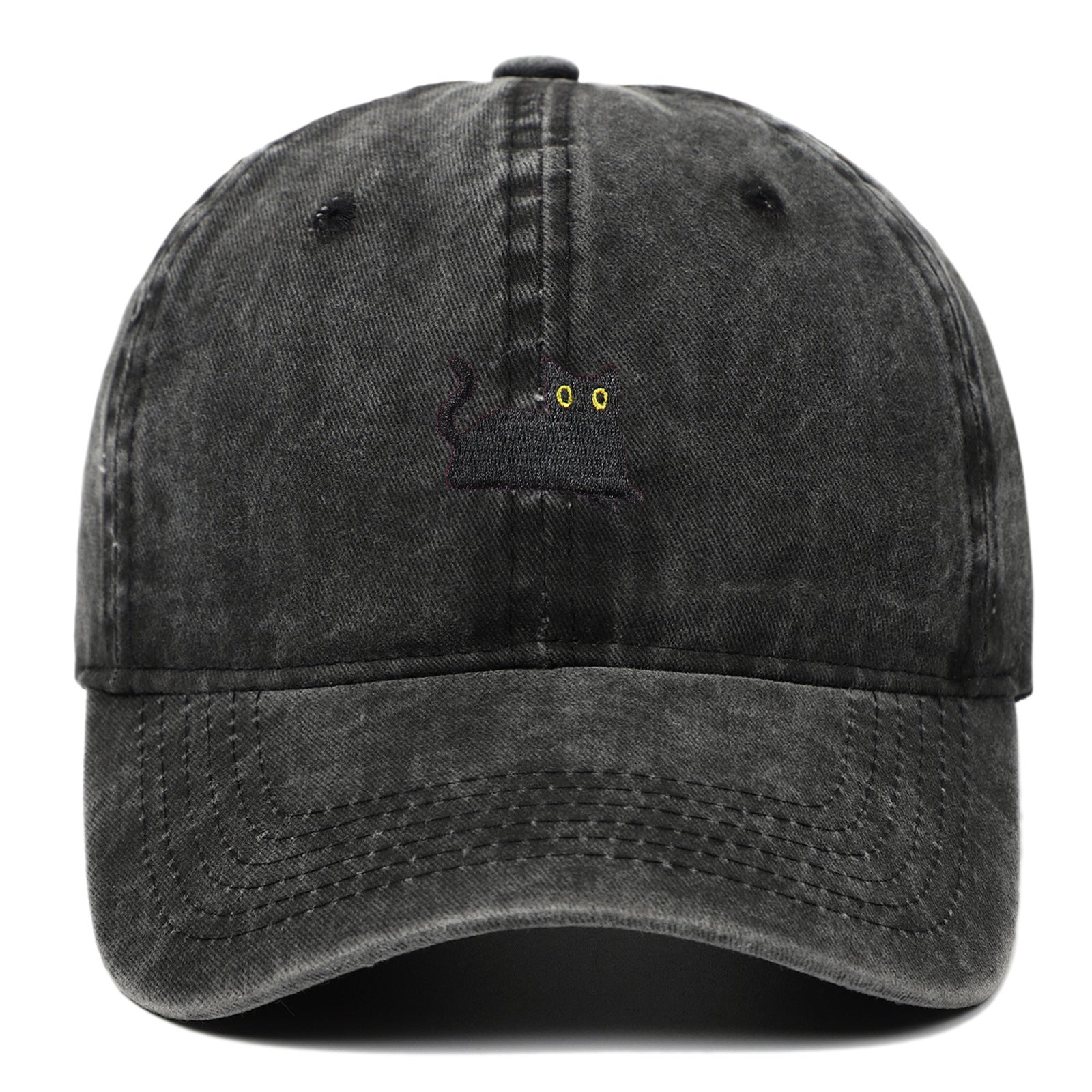 Black Cat Embroidered Washed Baseball Cap Sun Hat